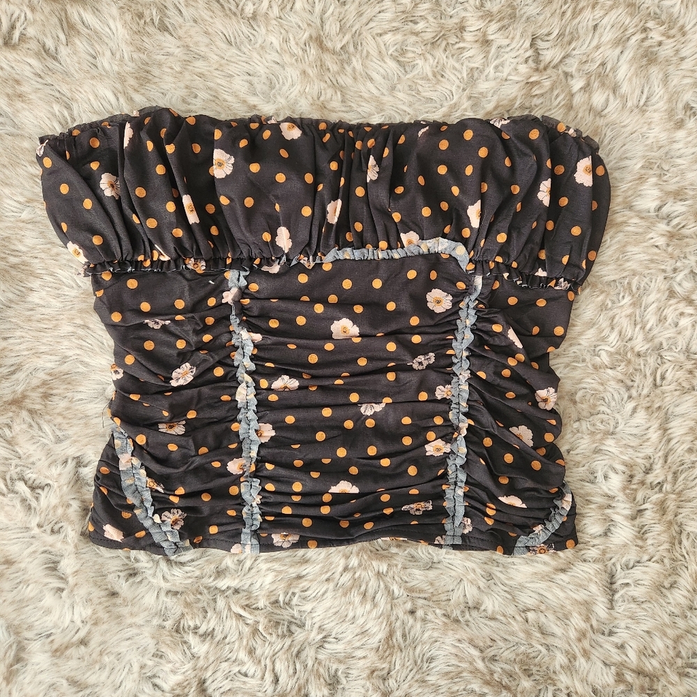 Free People Scottie Printed Tube Top Black Combo Floral & Polka Dot Medium